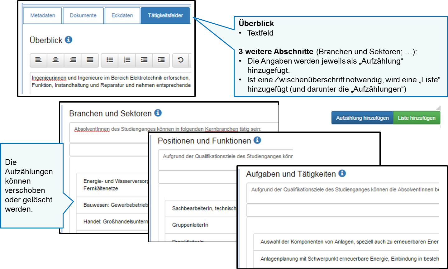 Registerkarten STG-Ebene: Tätigkeitsfelder