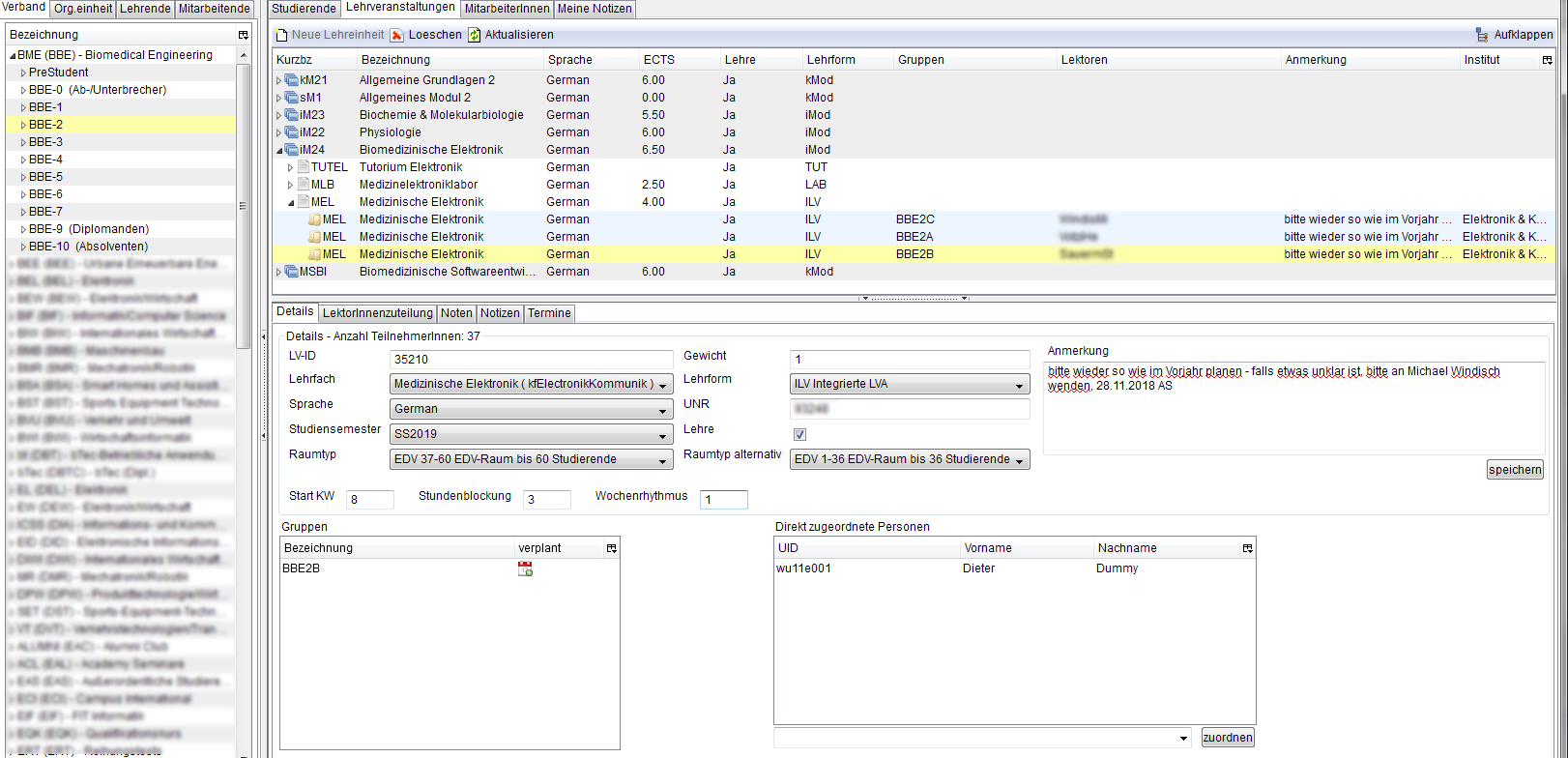Übersicht Registerkarte Lehrveranstaltungen Übersicht Registerkarte Lehrveranstaltungen